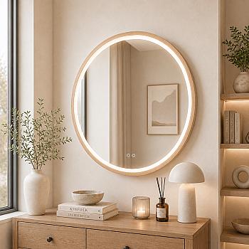 Round mirror, oak veneer, LED + heating (frame 20 mm)