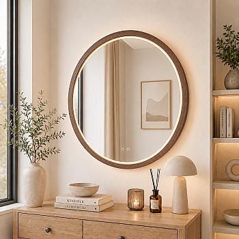 Round mirror, American walnut veneer, LED + heating (frame 20 mm)