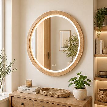 Round mirror, oak veneer, LED + heating (frame 35 mm)