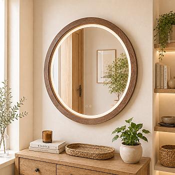 Round mirror, American walnut veneer, LED + heating (frame 35 mm)