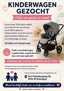 Wanted: Stroller. Do you have a stroller in good condition that you no longer use? Please donate it to an Afghan refugee family. Delivery address: Sint Petersburgweg 38, 9723 JR Groningen. Thank you very much!